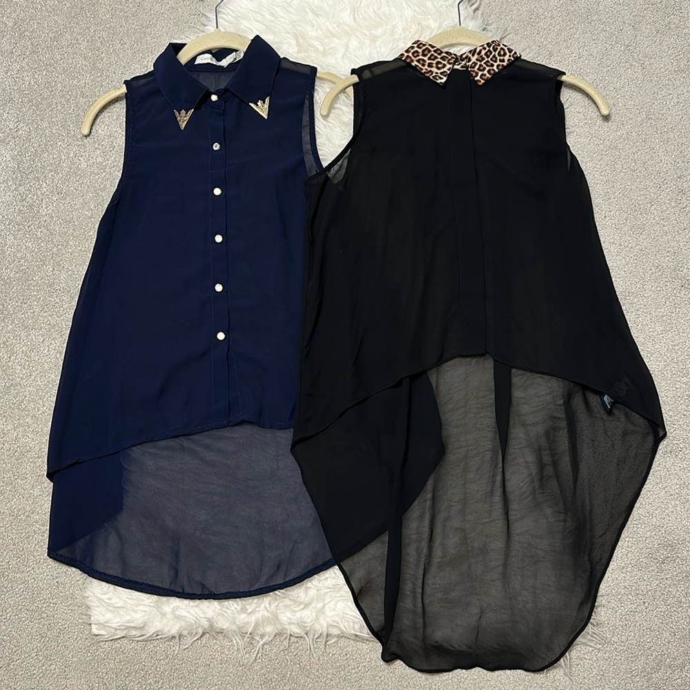 2 High Low Sleeveless Navy & Black Leopard Animal Print Blouses w/Collar
